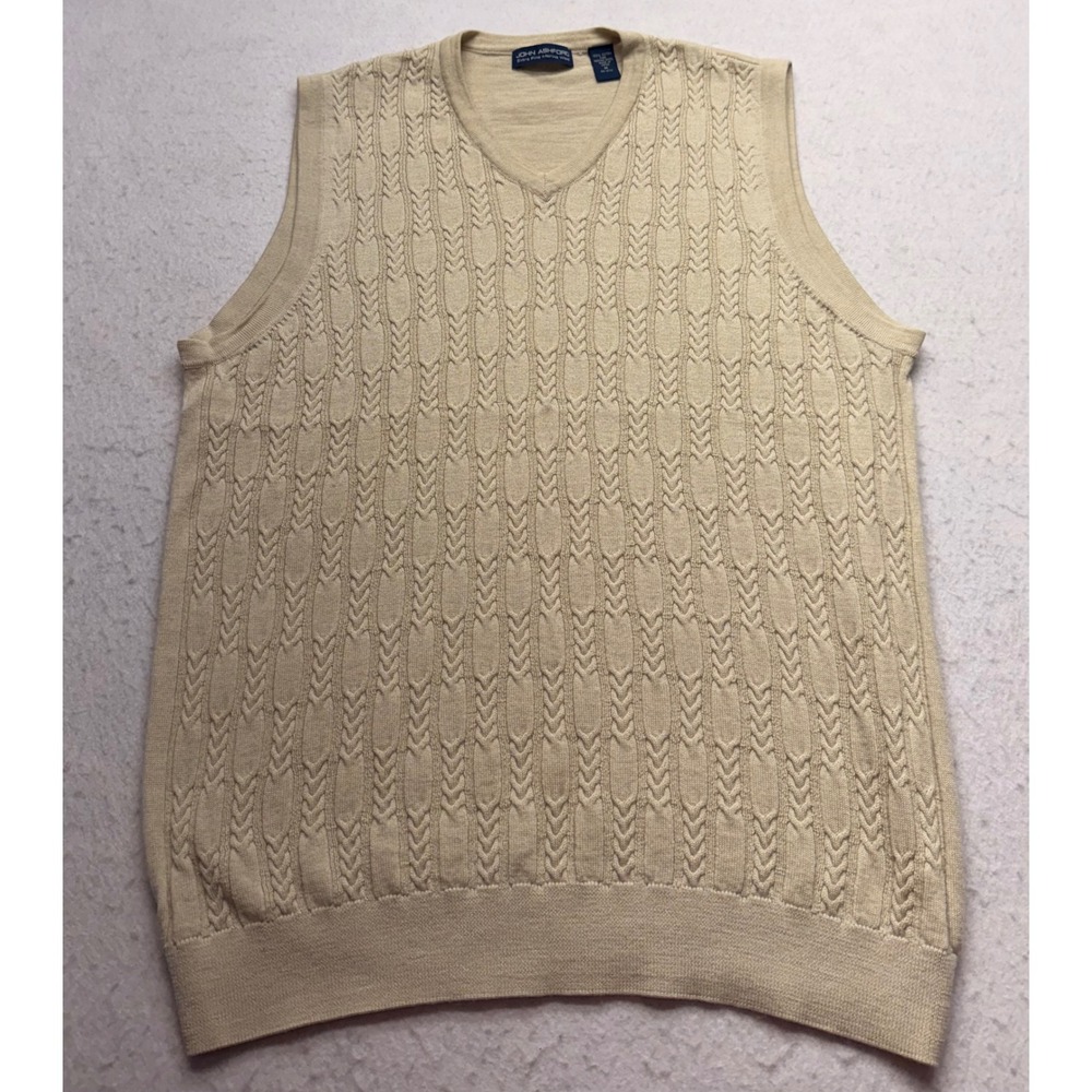 John Ashford Men's Medium Extra Fine Merino Wool V-Neck Sweater Vest Beige M